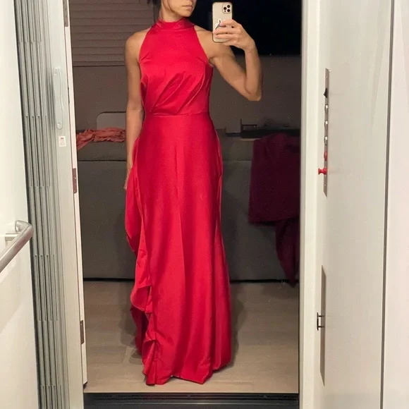 fitted lace wedding dress Sofija Slinky Jersey Plunge Halter Neck Ruched Mini Dress in Scarlet Red